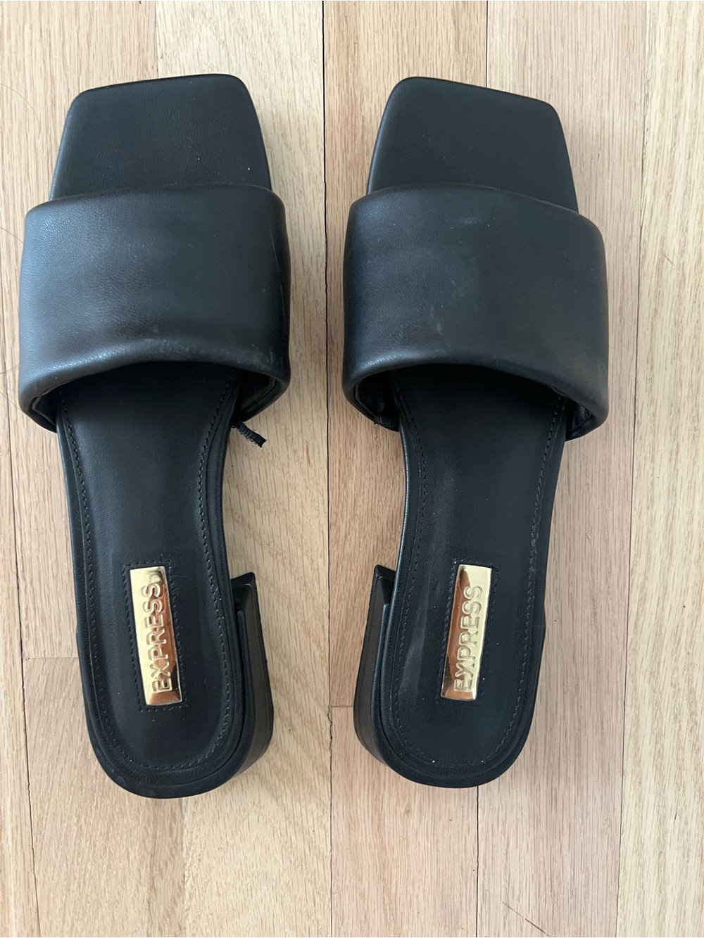 Express Black Padded Square-Toe Slide Sandals with Gold Logo